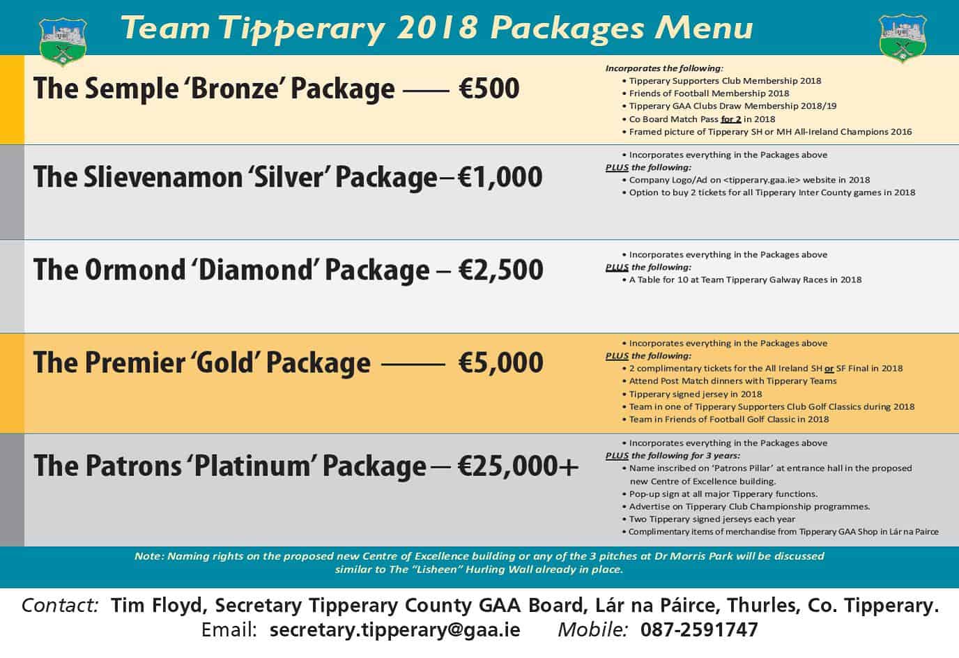 Team Tipperary 2018 Sponsorship Packages Menu